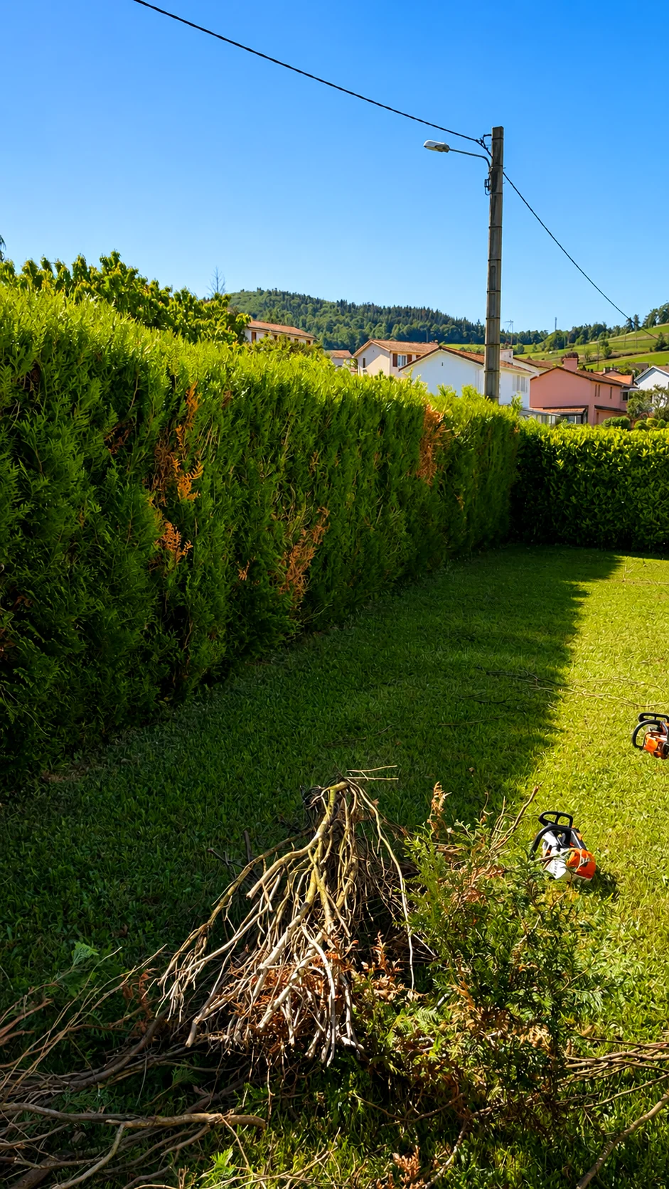 Haie avant intervention avec branchages au sol