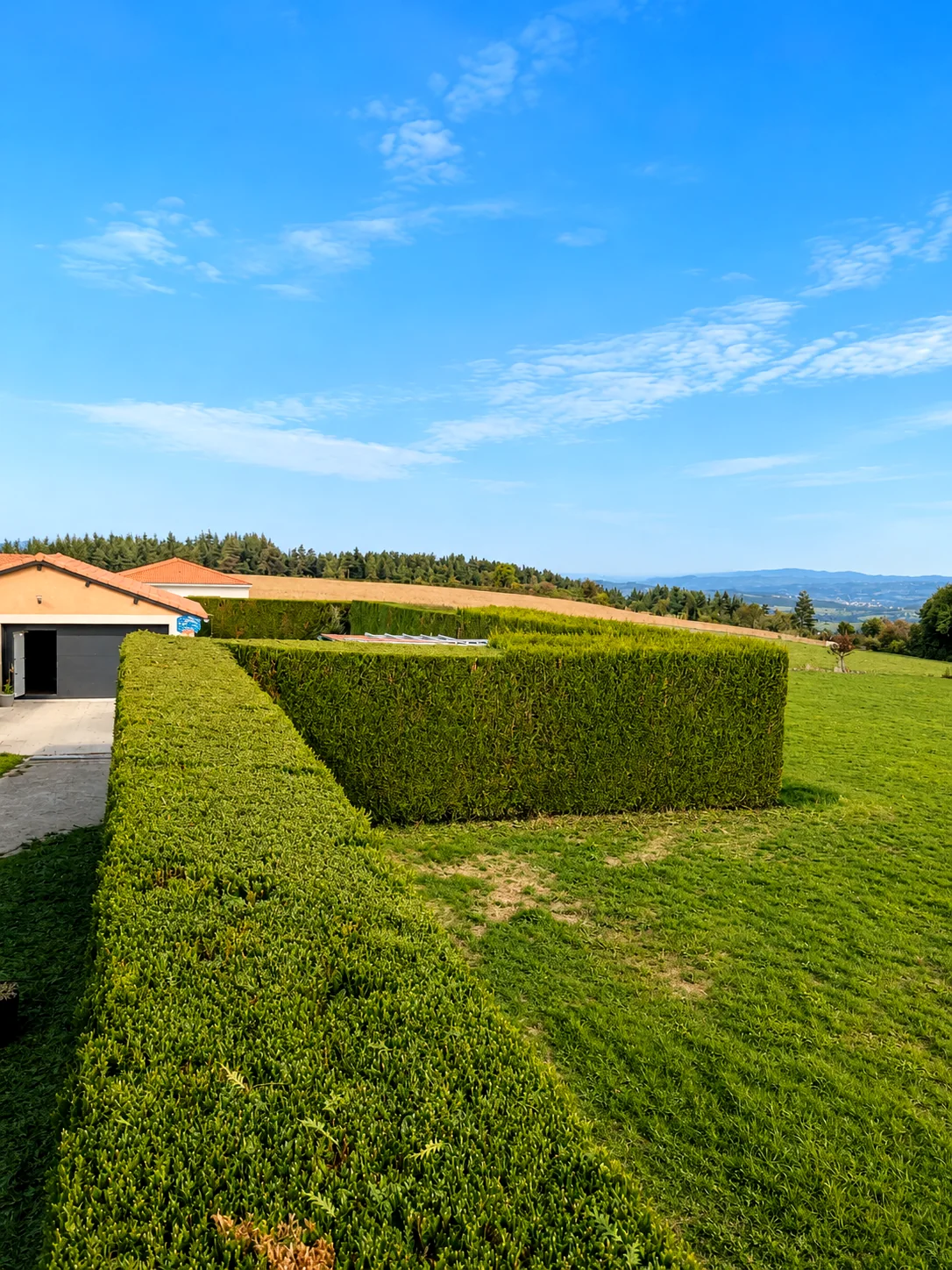 Jardin entretenu avec haies, pelouse et vue dégagée
