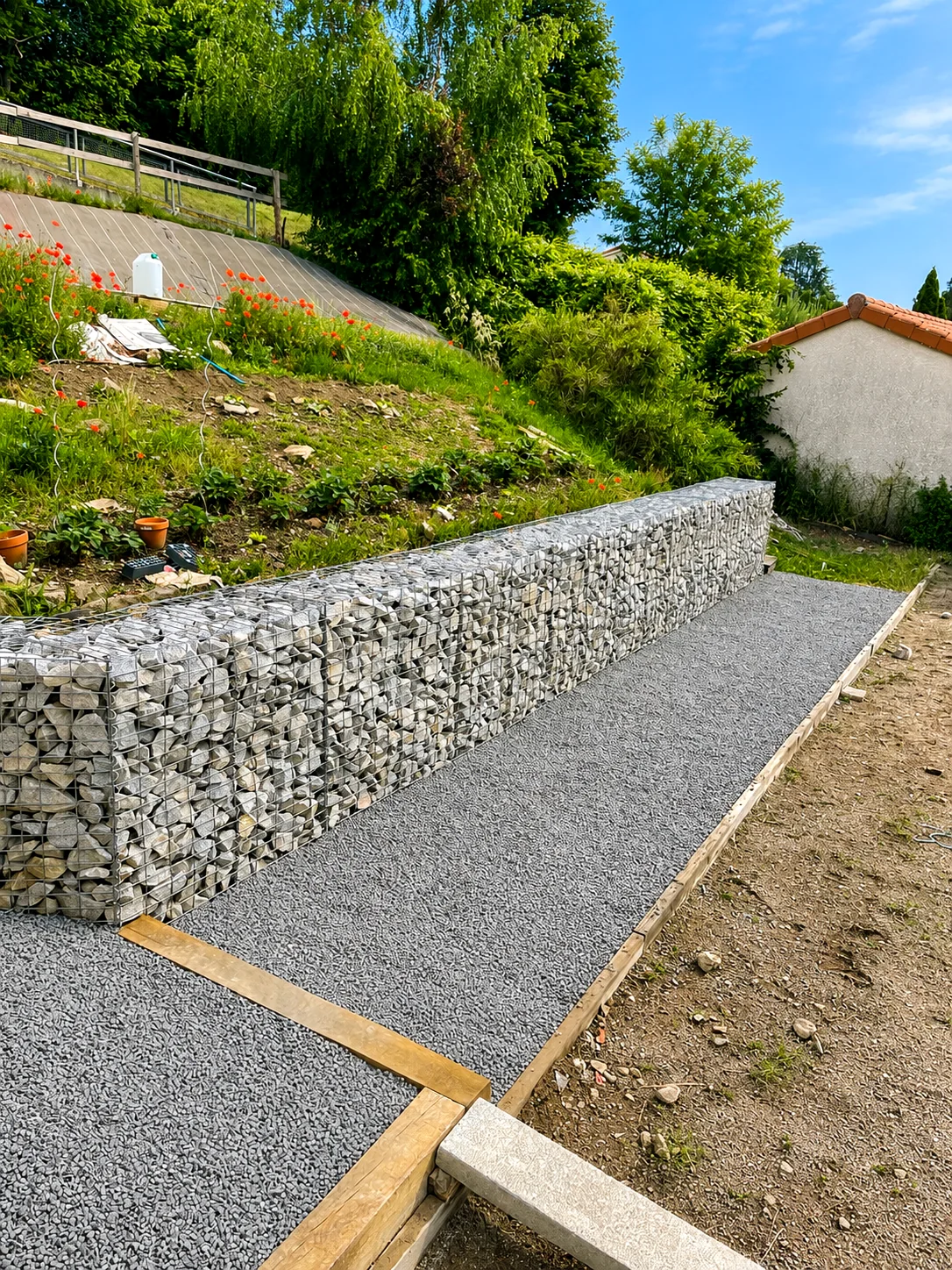 Mur de soutènement en gabions avec finition gravillonnée