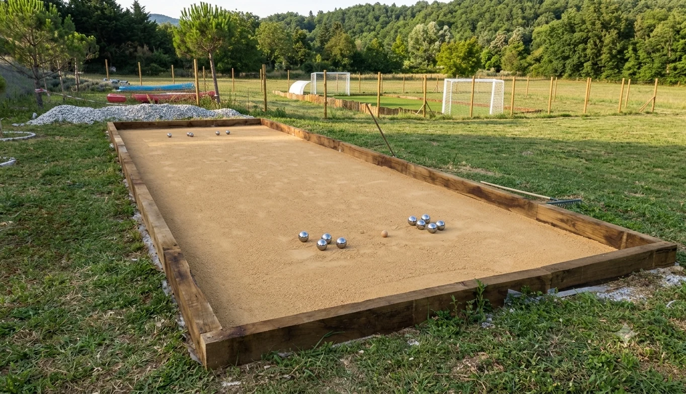 Terrain de pétanque terminé avec bordures bois