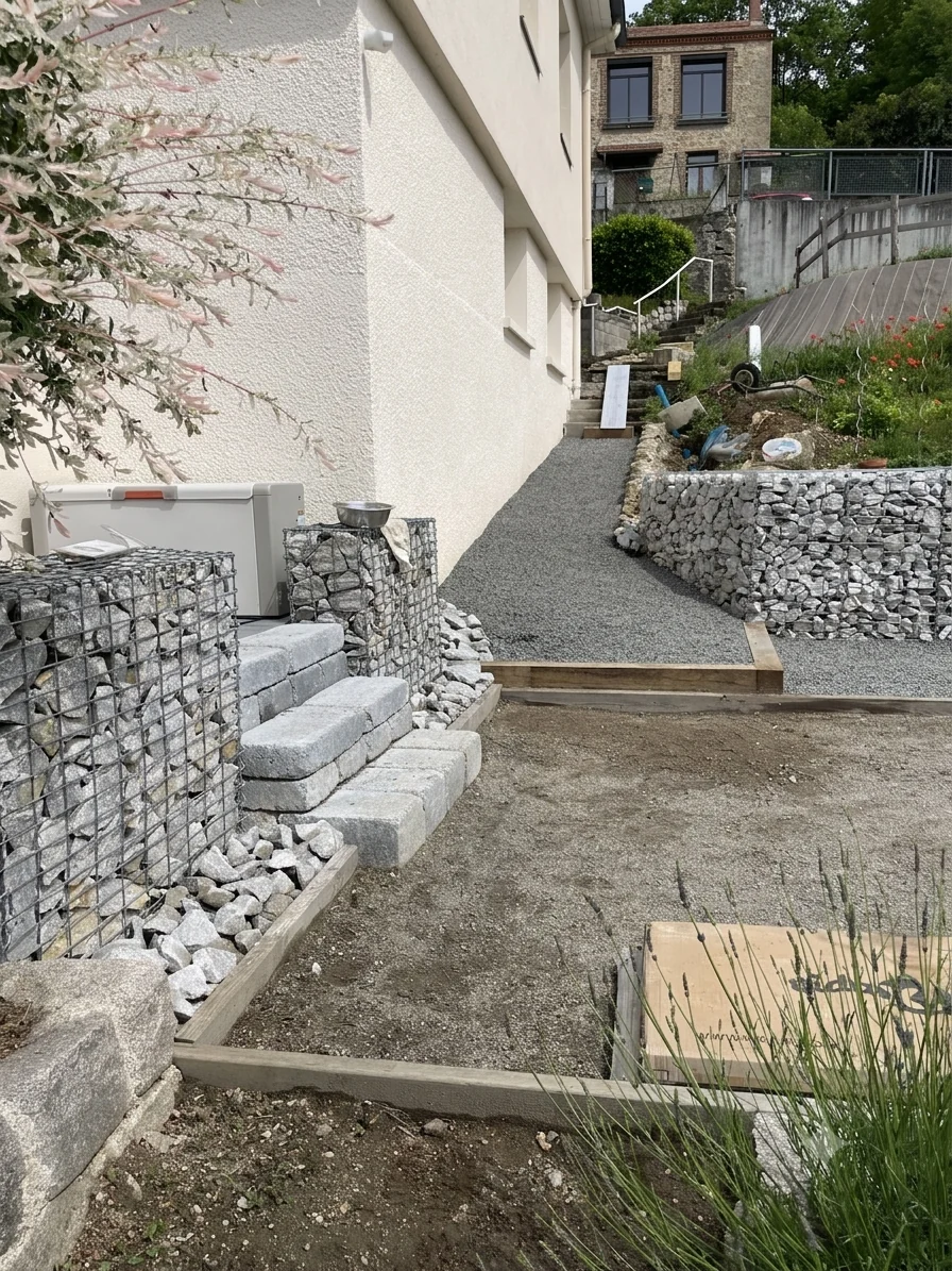 Gabions et escalier extérieur réalisés autour d'une maison