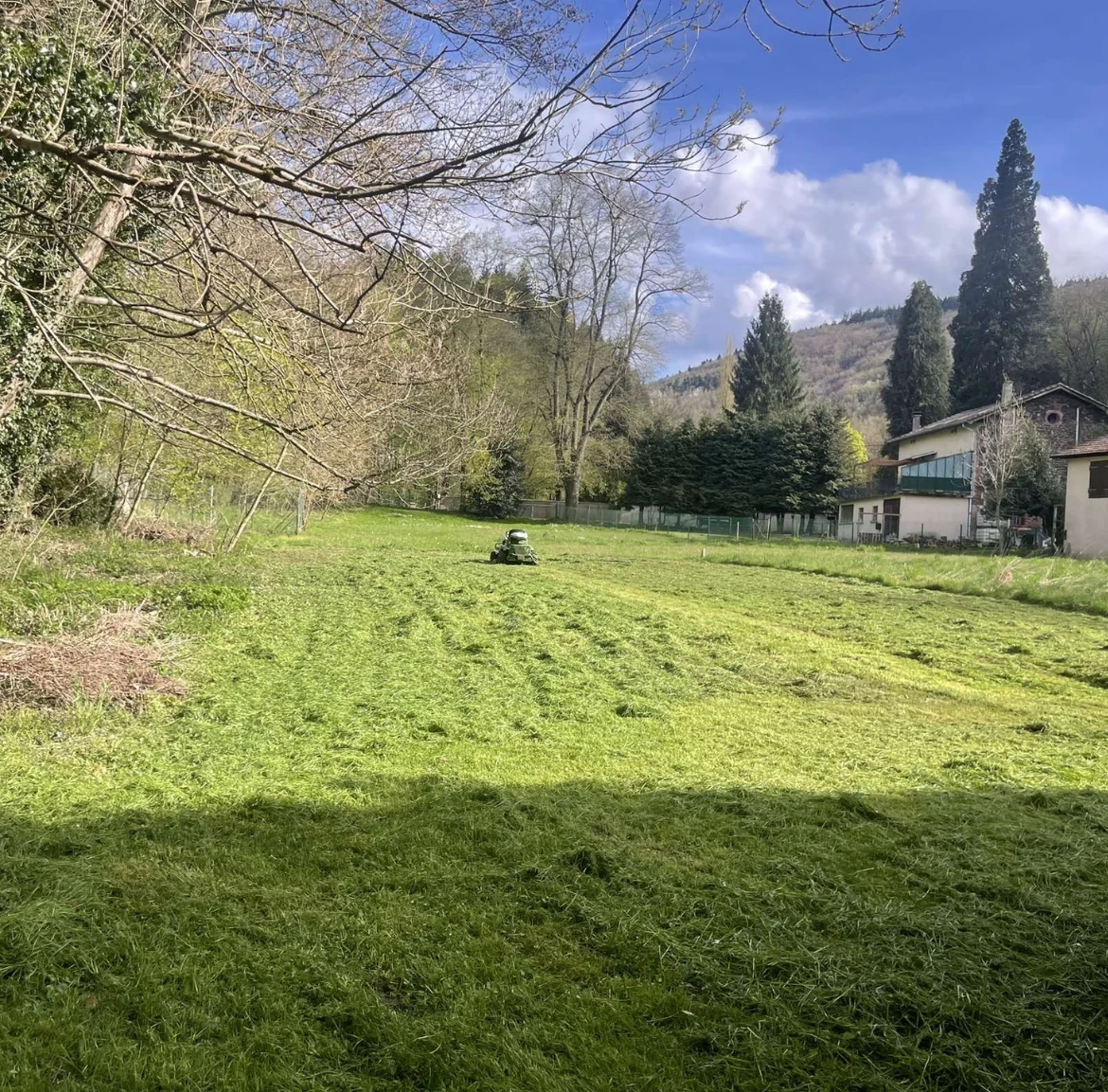 Tonte d'une grande pelouse dans un espace arboré